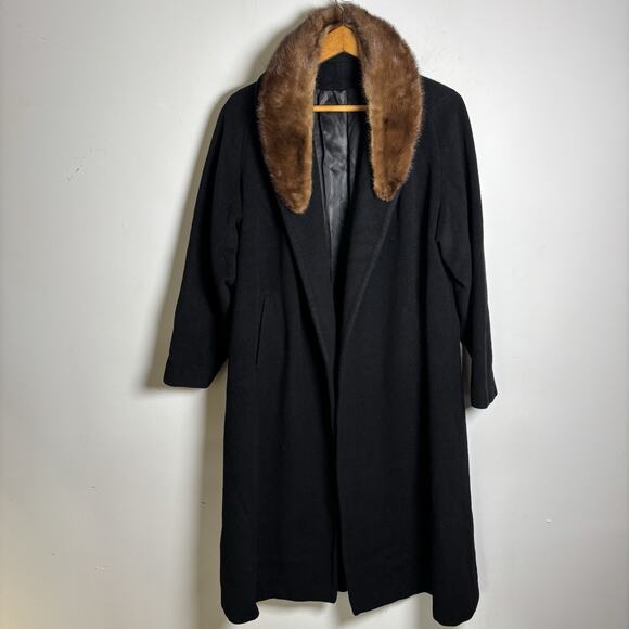 Vintage Cashmere Coat Size S/M 60s Black Brown Fur Collar Long Soft Raglan - Picture 1 of 8